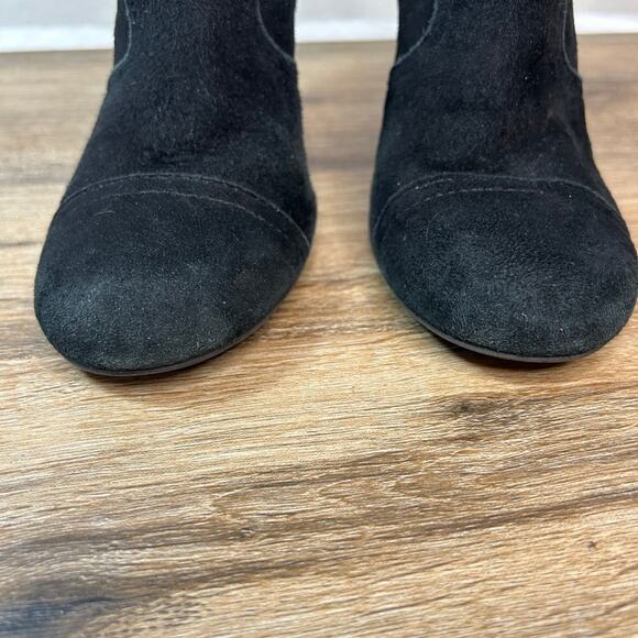 Tory Burch Aaden Women's Ankle Boots Black Suede Harness Logo Emblem Wedge - Picture 4 of 10